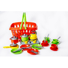 Teddies Nákupní košík plast + sada nádobí s vařičem v sáčku Teddies Nákupní košík plast + sada nádobí s vařičem v sáčku