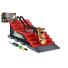 Teddies Skatepark - skateboard prstový šroubovací s rampou plast 8cm s doplňky mix druhů v krabici 28x18cm