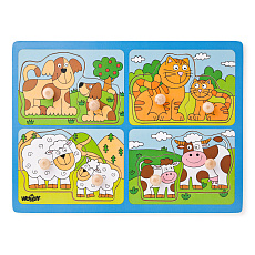 Woody Puzzle pro nejmenší  s úchyty - domácí zvířata s mláďaty,