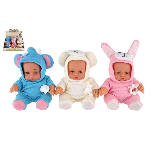 Teddies Miminko v overalu pevné tělo 25cm na baterie se zvukem 3 barvy 9ks v boxu Teddies Miminko v overalu pevné tělo 25cm na baterie se zvukem 3 barvy 9ks v boxu