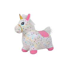 Hopsadlo jednorožec plyš bílý s hvězdičkami výš. sedla 23cm na bat. se zvukem v krab. 35x22cm 12m+