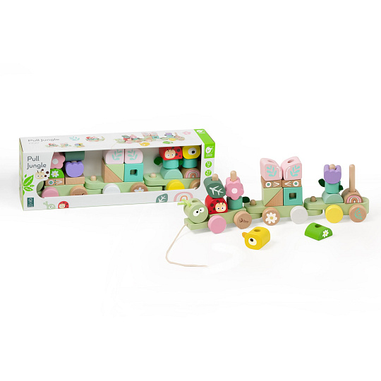 Vlak + 2 vagóny jungle dřevo tahací stavebnice 27 dílků v krabici 38x12x8cm 12m+
