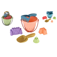 Sada na písek plast kbelík, lopatka, hrabičky, 3 formičky  3 barvy v síťce