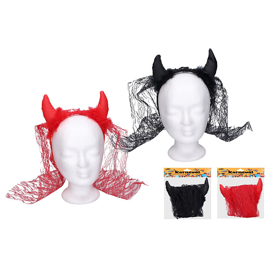 Wiky Rohy čertovské  se závojem čelenka látka/plast 2 barvy v sáčku 22x25cm karneval