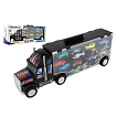 Auto kamion přepravník + dopravní prostředky 14ks plast 57cm na volný chod v krabici 59x22x13cm