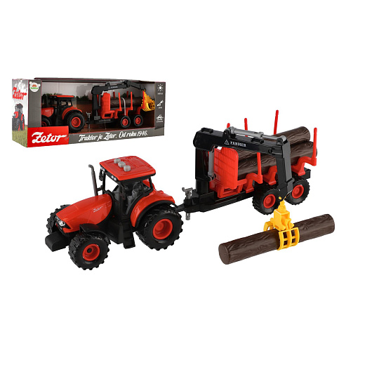 Teddies Traktor Zetor s vlekem s naklád. ramenem plast 36cm na setrvačník na bat. se svět. se zvuk. v krab. 