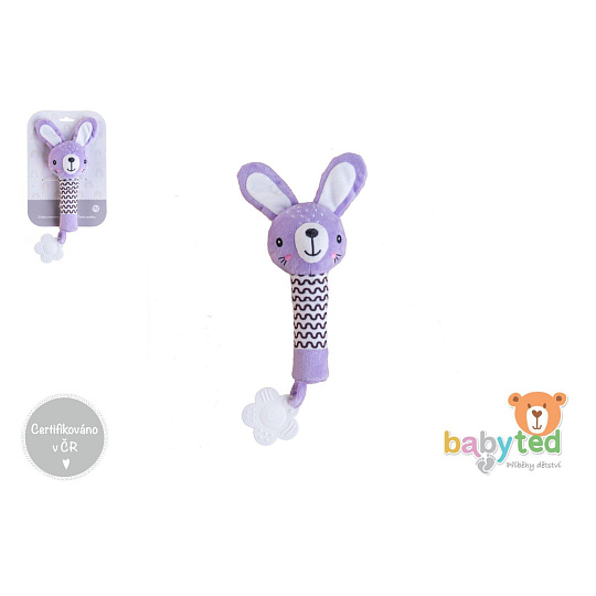 Zajíček babyted pískátko/kousátko plyš 25cm fialový na kartě v sáčku 0m+