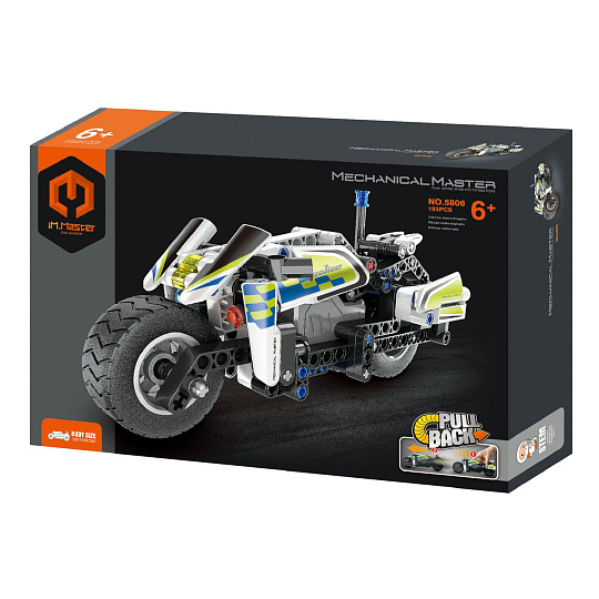 Stavebnice iM.MASTER policejní motorka na zpětné natažení plast 193 dílků v krabici 29x20x6cm