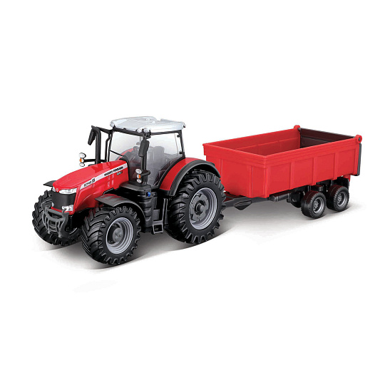 Bburago - FARMLAND, Massey Ferguson 8740S s vyklápěcím přívěsem, 10 cm