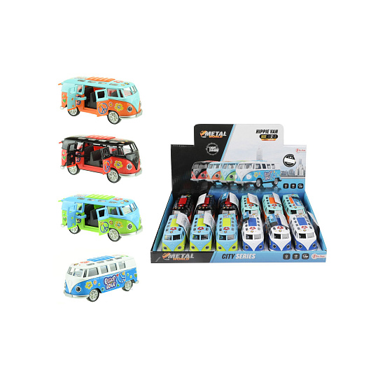 Teddies Autobus retro kov/plast 12cm na baterie se zvukem se světlem na zpětné natažení 4 barvy