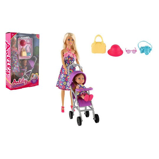 Teddies Panenka Anlily 30cm s holčičkou a kočárkem + doplňky plast v krabici 20x32x7cm Teddies Panenka Anlily 30cm s holčičkou a kočárkem + doplňky plast v krabici 20x32x7cm
