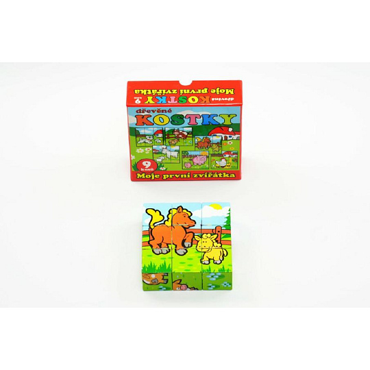 Teddies Kostky kubus Moje první zvířátka dřevo 9x9x3cm 9ks v krabičce 11x11x6cm 12m+ MPZ