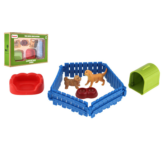 Pejskové/Pes 2ks s plotem plast s doplňky v krabici 23x14,5x4,5cm Pejskové/Pes 2ks s plotem plast s doplňky v krabici 23x14,5x4,5cm