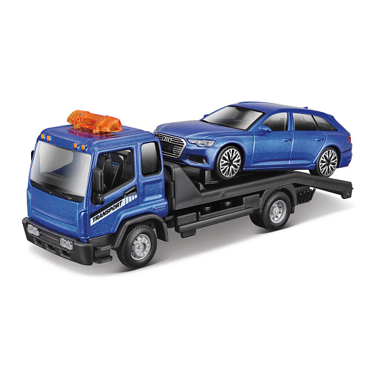 Bburago – STREET FIRE, Odtahové vozidlo Flatbed Tow Truck + Audi A6 Avant, 1:43