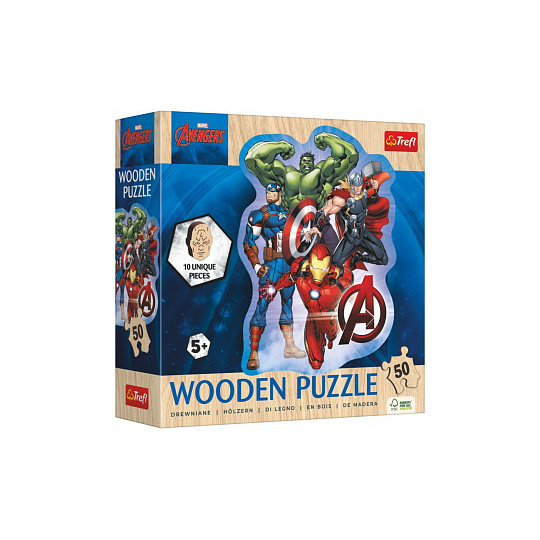 Puzzle dřevěné nepravidelné tvary Avengers 50 dílků 19,7x26,6cm v krabici 20x20x6cm