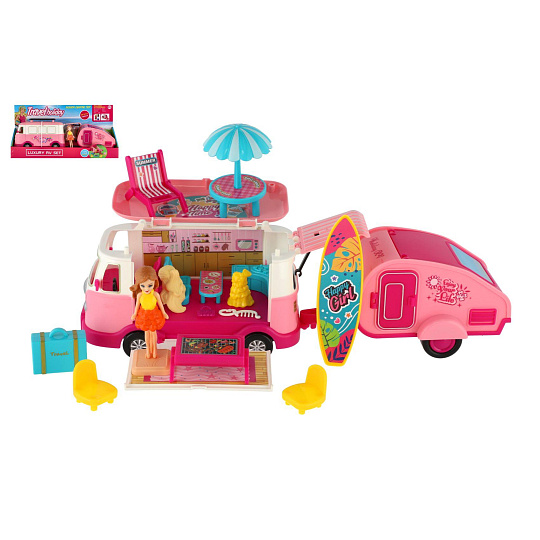 Auto obytné s vlekem retro s panenkou s doplňky v krabici