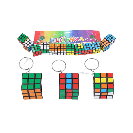 Přívěsek na klíče/Klíčenka hlavolam/kostka plast 3x3cm 12ks na kartě