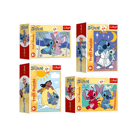 Trefl Minipuzzle Stitchova dobrodružství 54 dílků 4 druhy v krabičce 6x9x4cm 40ks v boxu