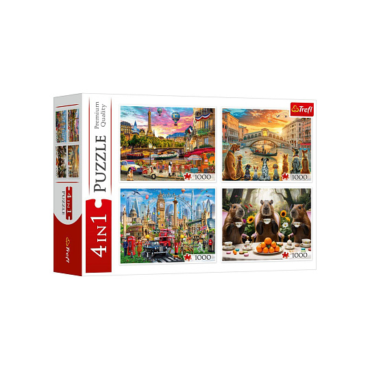Puzzle 4v1 Malovaná města + Kapybary 4000 dílků 68,3x48cm v krabici 40x27x9cm