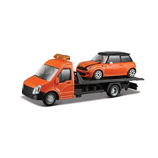 Bburago – STREET FIRE, Přepravní vozidlo Flatbed Transport + MINI COOPER S, 1:43