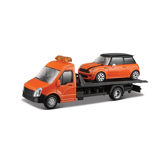 Bburago – STREET FIRE, Přepravní vozidlo Flatbed Transport + MINI COOPER S, 1:43