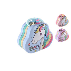 Teddies Pokladnička kabelka jednorožec plechová se zámkem 15x14cm 3 barvy v plastové krabičce