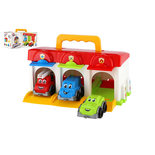 Garáž s autíčky 3ks + doplňky plast v krabici 27x14x15cm 