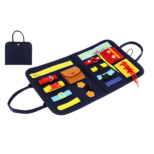 Edukační penál filc zapínání a otevírání zipů a knoflíků v sáčku 24x27x4cm 