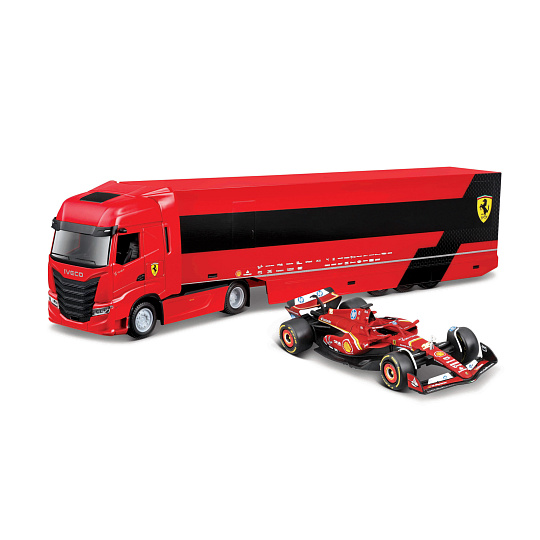 Bburago – RACE Tahač s návěsem Iveco S Way + F1 Ferrari SF-24 (2024), #16 Charles Leclerc, 1:43