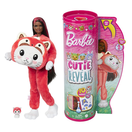 Mattel Barbie CUTIE REVEAL BARBIE V KOSTÝMU - KOTĚ V ČERVENÉM KOSTÝMU PANDY