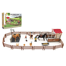 Teddies Výběh/Ohrada pro koně + ošetřovatelé + kůň 2ks plast s příslušenstvím v krabici 39x27x8,5cm