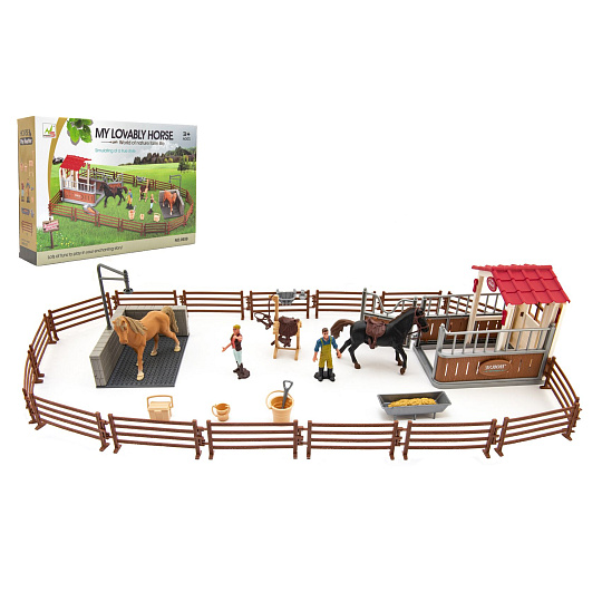Teddies Výběh/Ohrada pro koně + ošetřovatelé + kůň 2ks plast s příslušenstvím v krabici 39x27x8,5cm Teddies Výběh/Ohrada pro koně + ošetřovatelé + kůň 2ks plast s příslušenstvím v krabici 39x27x8,5cm