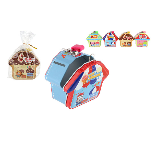 Teddies Pokladnička chaloupka plechová se zámkem 10x10cm 4 barvy v sáčku Teddies Pokladnička chaloupka plechová se zámkem 10x10cm 4 barvy v sáčku