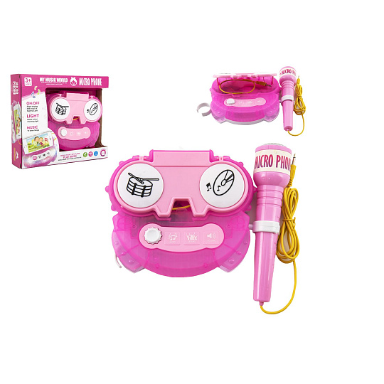 Teddies Mikrofon karaoke růžový plast na baterie se světlem v krabici 24x21x5,5cm