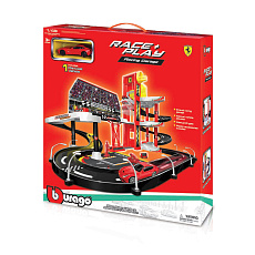 Bburago - FERRARI RACE+PLAY, Garáž se závodní dráhou + autíčko, 1:43