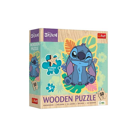 Puzzle dřevěné nepravidelné tvary Lilo a Stitch 50 dílků 19,8x25,8cm v krabici 20x20x6cm
