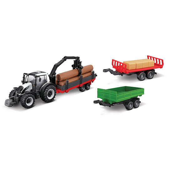 Bburago - FARMLAND, Set Valtra N174 se třemi přívěsy, 10 cm