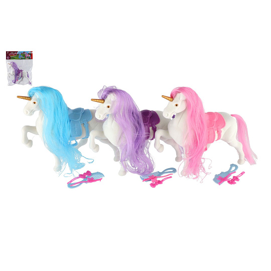 Teddies Jednorožec/kůň česací plast se sedlem s doplňky 3 barvy
