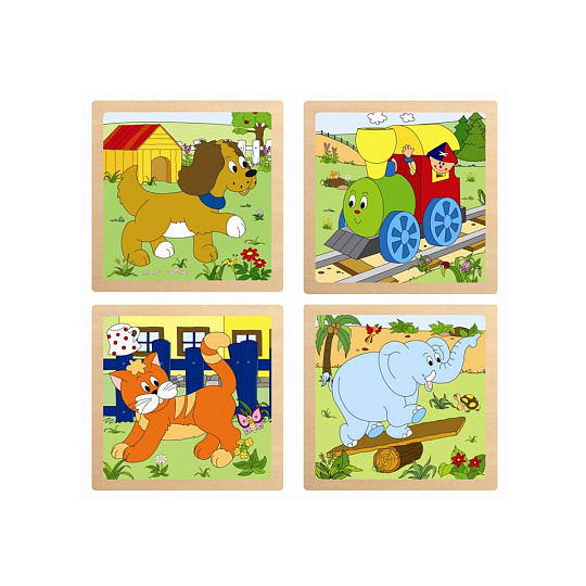 Woody Puzzle ze 4 dílů "Mašinka", 4 motivy Woody Puzzle ze 4 dílů "Mašinka", 4 motivy