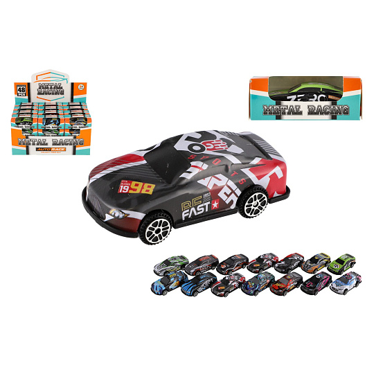 Auto závodní mini kov/plast 6cm na volný chod mix barev v krabičce 48ks v boxu