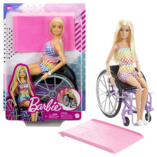 Mattel Barbie Modelka na invalidním vozíku v kostkovaném overalu Mattel Barbie Modelka na invalidním vozíku v kostkovaném overalu