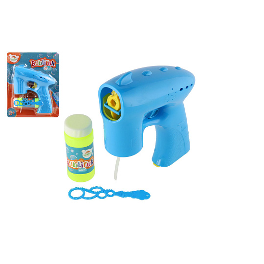 Bublifuk pistole modrá plast 13cm + náplň na baterie na kartě Bublifuk pistole modrá plast 13cm + náplň na baterie na kartě