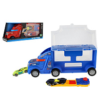 Auto kamion přepravník + auto 2ks plast 28cm na volný běh 2 barvy v krabici 29x12x8cm