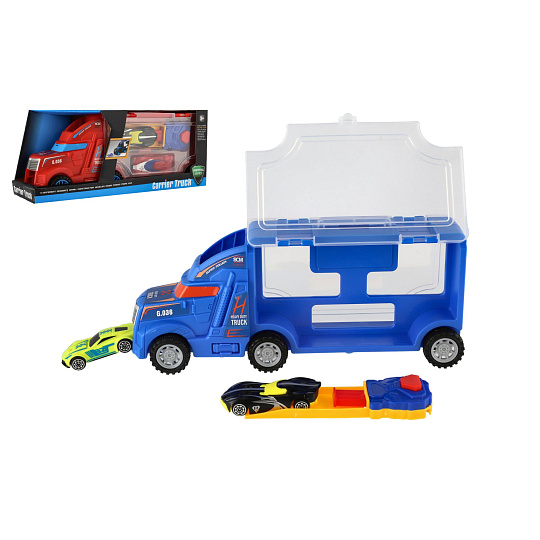 Auto kamion přepravník + auto 2ks plast 28cm na volný běh 2 barvy v krabici 29x12x8cm