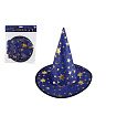 Klobouk čarodějnický pro děti průměr 38cm modro-zlatý v sáčku karneval