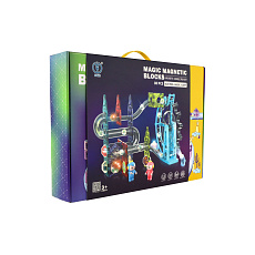 Kuličková dráha magnetická plast 80ks 16 kuliček + doplňky na baterie se světlem v krabici 47x35x9cm