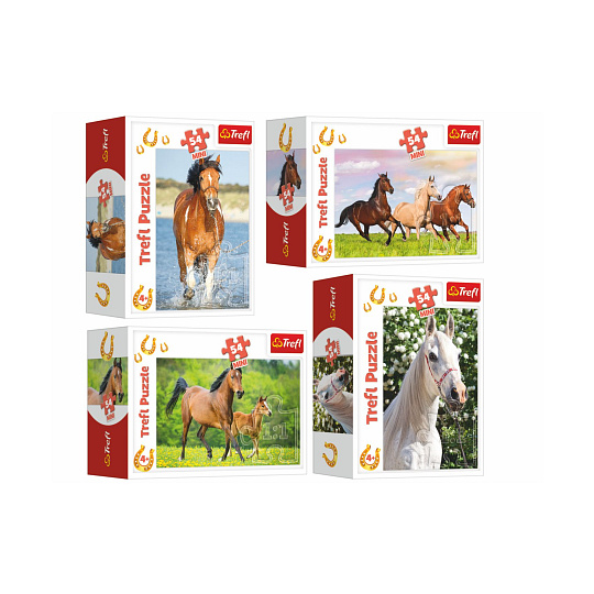 Trefl Minipuzzle 54 dílků Koně 4 druhy v krabičce 9x6,5x4cm