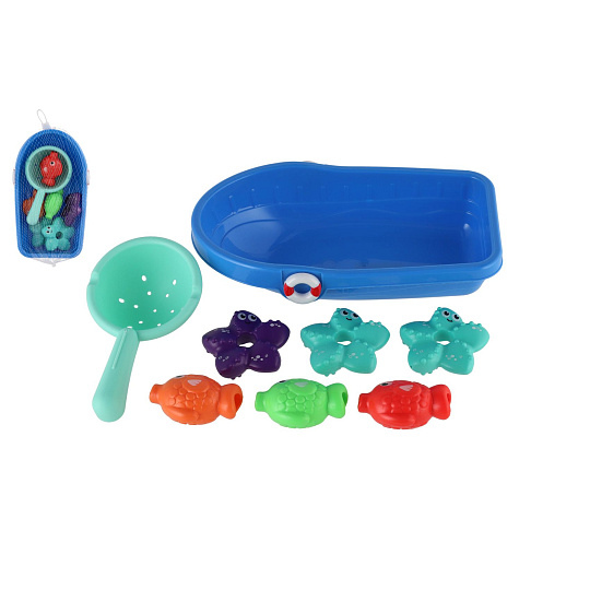 Sada do vany plast lodička, sítko s mořskými zvířátky v síťce 14x24cm Sada do vany plast lodička, sítko s mořskými zvířátky v síťce 14x24cm