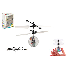 Vrtulníková koule létající plast 13x11cm svítící reagující na pohyb ruky,USB kabelem průhled v krab.