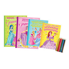 Omalovánky+aktivity/Maľovanky+aktivity Princezny/princezné 4ks +pastelky CZ+SK verze v sáčku 21x29cm